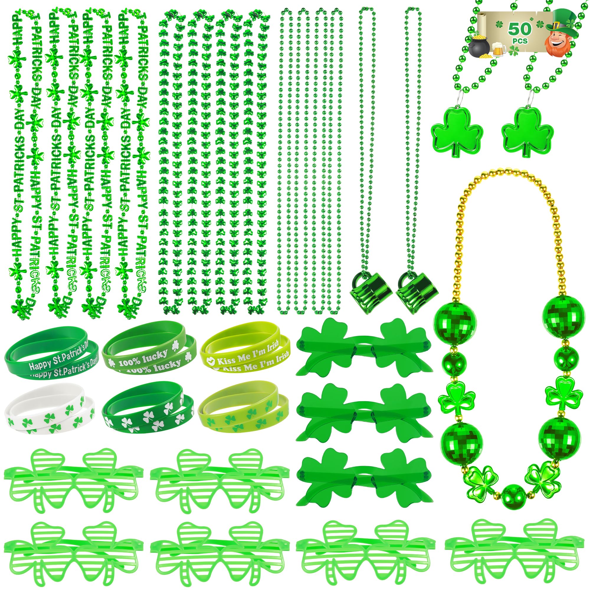 Photo 1 of tgosomt 50 Pcs St Patricks Day Accessories, Saint Patricks Day Decorations, St Patricks Day Party Favors Set Shamrock Glasses Necklaces Bracelets