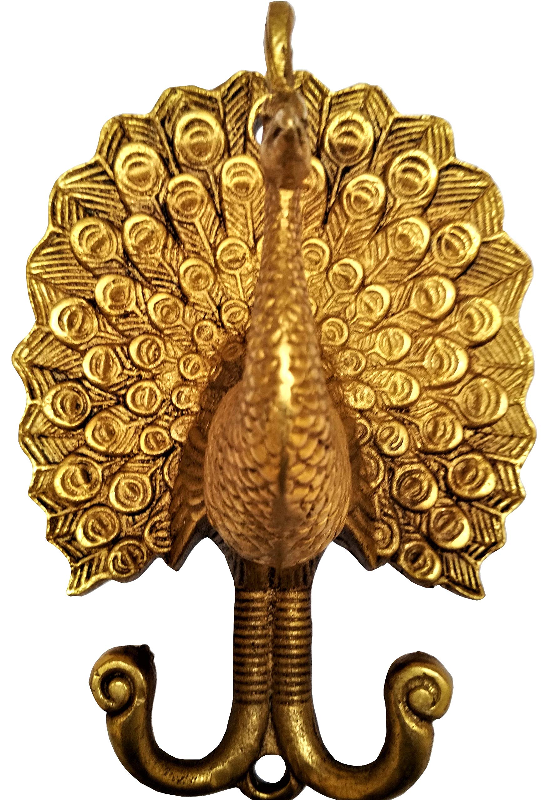 Purpledip Brass Wall Hook Hanger 'Proud Peacock': Vintage Design Wall Decor Gift (11592)