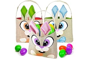 JOYIN 3 Pcs Easter Bunny Tote Bags Easter Canvas Jute Bags for Easter Eggs Hunt, Easter Basket, Easter Party Gift Goodie Bags with Handles for Easter Egg Hunt, Easter Kids Party Favor Supplies