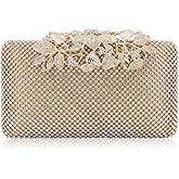 MagicLove Womens Evening Bag with Flower Closure Rhinestone Crystal Clutch Purse for Wedding Party Gold