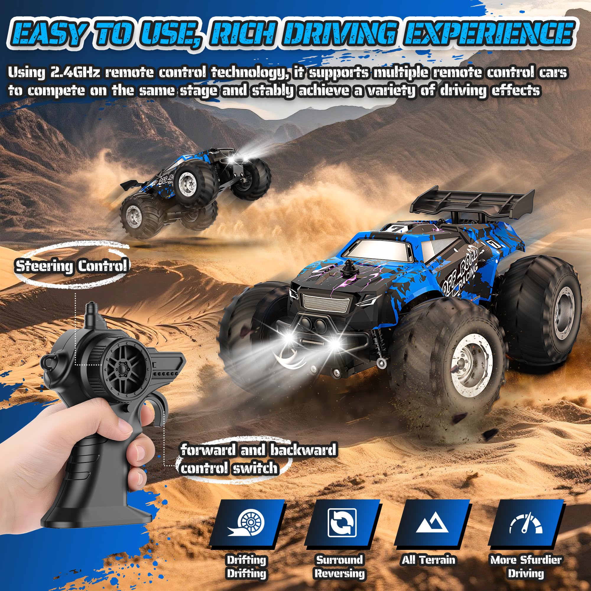 Remote Control Car, All-Terrain Remote Control Truck for Boys, Headlight, 1:20, 10KM/H, 2.4GHZ, Speed-Friendly, Sturdy, Rechargeable RC Cars for Boys 4-7 8-12 Christmas, Beginner, Kids 6-12+