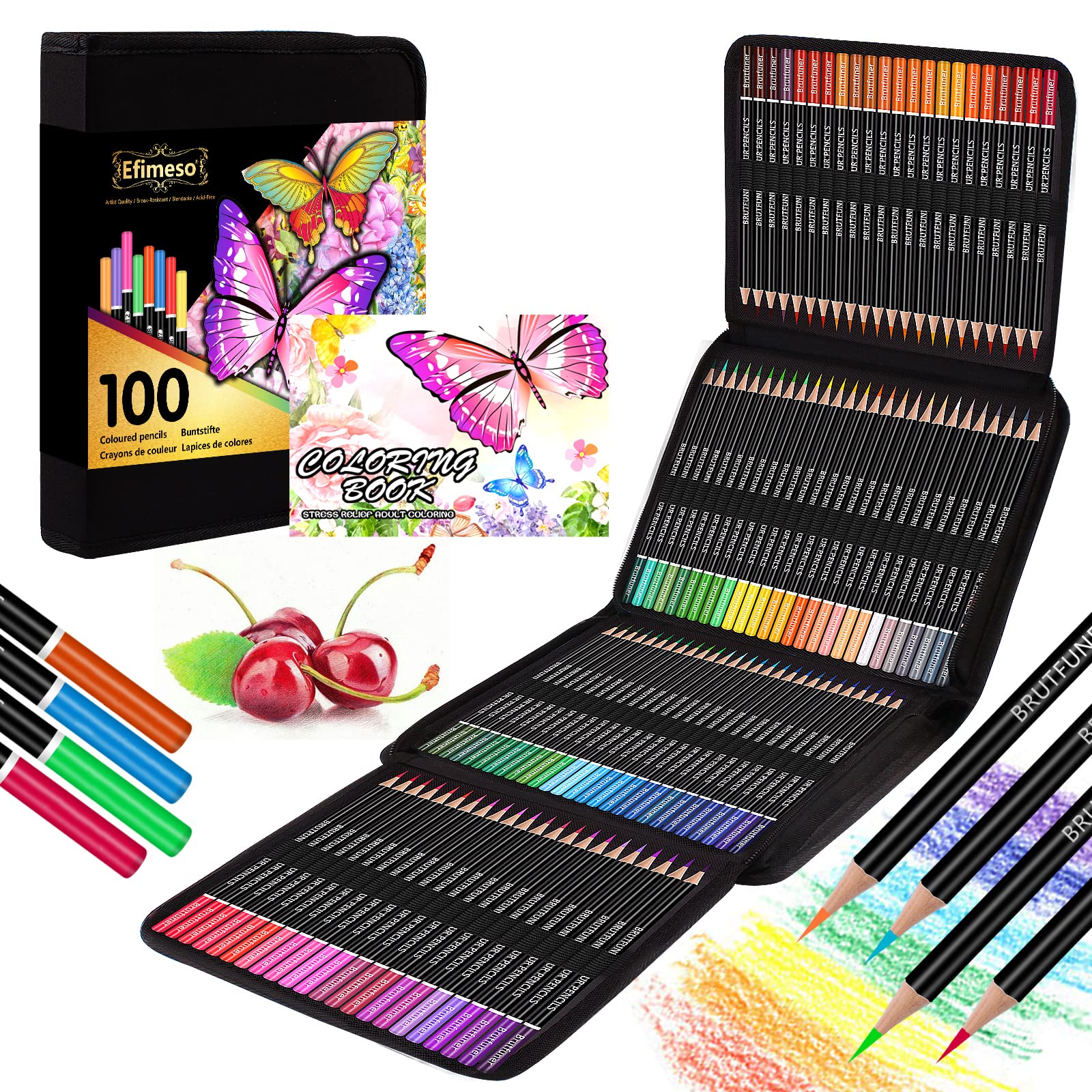 Efimeso 100 Colouring Pencils, Professional Coloured Pencils with Black Zipper Case,Colouring Pencils Set Ideal for Adults Artists Drawing Sketching Colouring