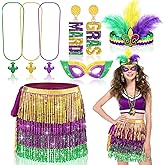 Cuffbow 7 Pcs Mardi Gras Outfit for Women Tassel Sequins Wrap Skirt 3 Beads Necklace Earrings Mask Faux Feather Headband Mardi Gras Halloween Costume Accessory Set for Women Disco Carnival Party