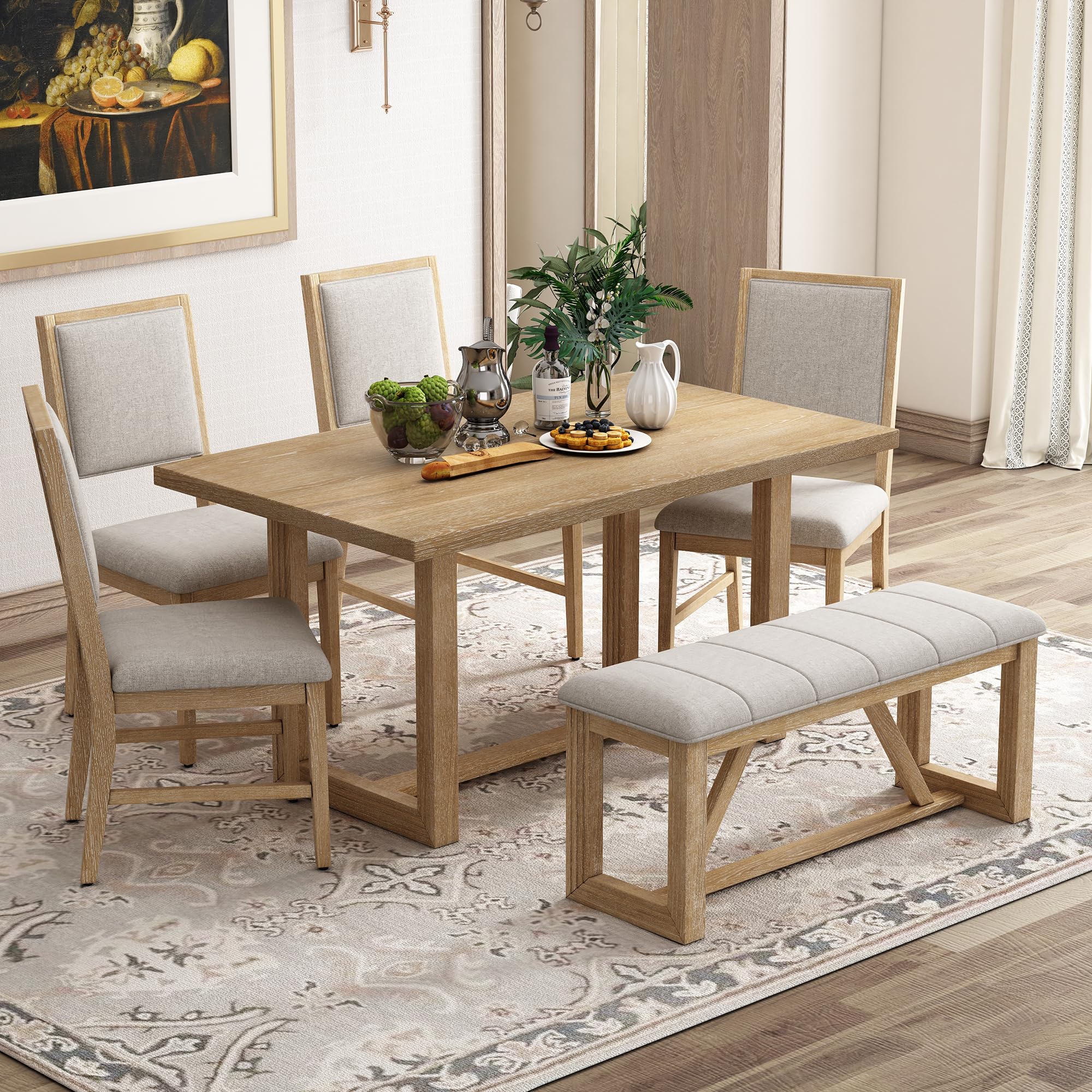 Photo 1 of * four chairs only bench and table not included*Merax Farmhouse Wood 6-Piece Dining Set, 59.6 inch Rectangular Table, 4 Upholstered Chairs and 1 Bench for Kitchen, Natural