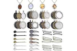 JIEYUMAO Pendant Trays Kit, 42Pcs Bezel Pendant Trays Sets, 3 Colors Vintage Pendants Tray Oval Round Hairpins Tray with Chai