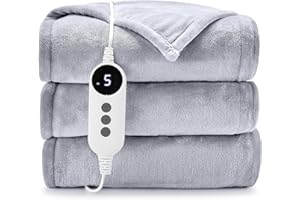HYLEORY Heated Electric Blanket Throw, 2-Layer Cozy Warm Flannel 50" x 60", Heating Blanket with 9 Heating Levels, 2/4/6/10 Hours Auto Off, Fast Heating Winter Blanket, Light Grey