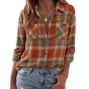 Zeagoo Womens Flannel Shirts Long Sleeve Button Down Casual Fall Plaid Top | flannel plaid shirt, lightweight loose fit blous