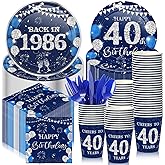 Ninehaoou 240 Pcs 40th Birthday Decorations 1986 Birthday Party Tableware Include Plates Napkins 9oz Cups Cutlery 40th Anniversary Party Supplies for Men Women Him Her, Serve 30 Guests (Blue Silver)