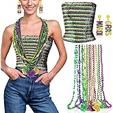 Civaner 16 Pcs Mardi Gras Costume Accessory Outfit Set for Women Include 1 Sequin Tube Top 14 Pcs Mardi Gras Beads Necklaces and 1 Pairs Earrings for Carnival Parades Party Favor Women