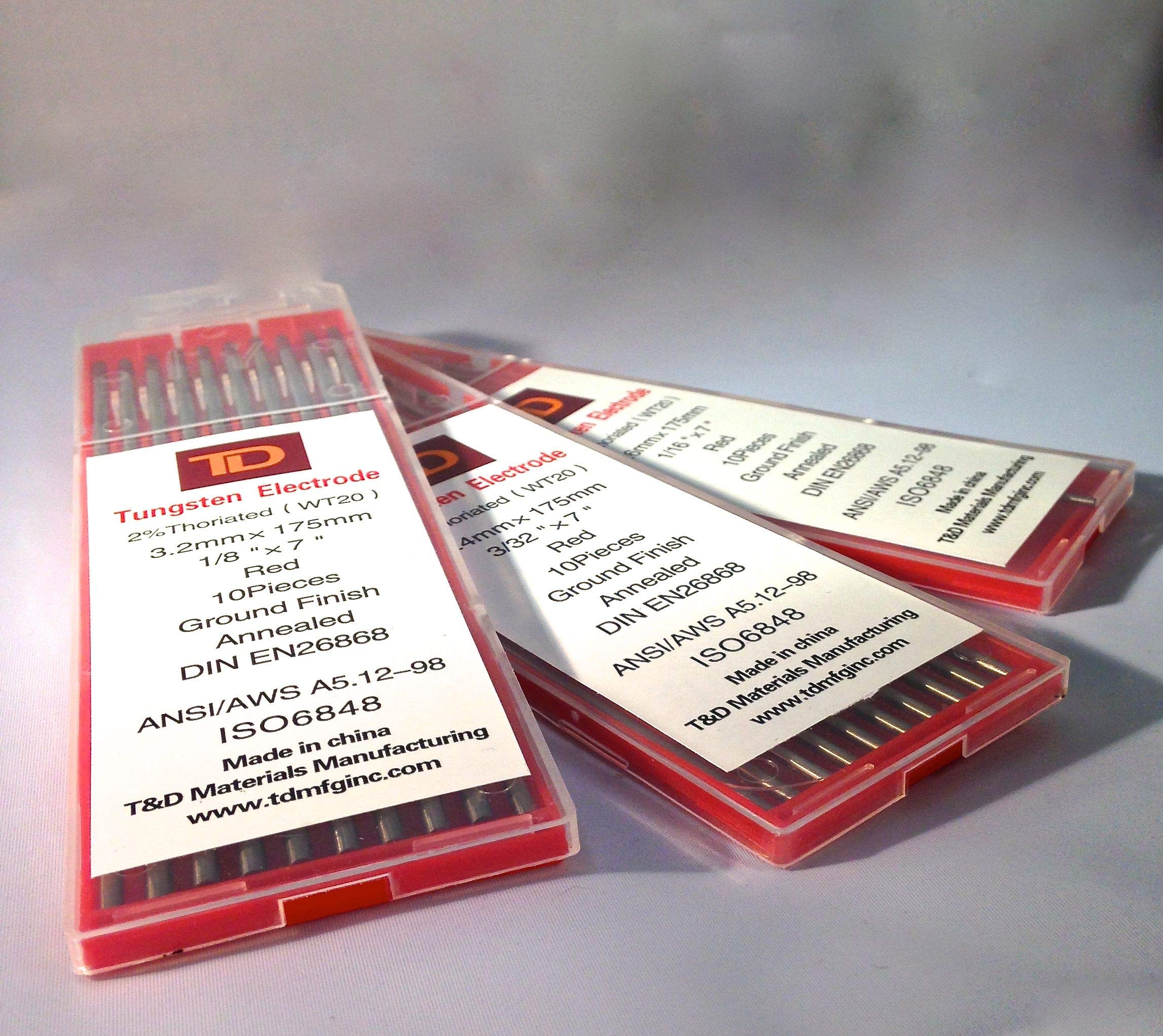 TIG Welding Tungsten Electrodes 2% Thoriated 1/8" x 7" 10-Pack (Red, WT20)