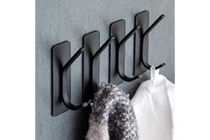 GLUIT Adhesive Towel Hooks for Kitchen Bathroom Wall Hooks for Hanging Heavy Duty Coat Rack Sticky Hanger for Door Holder Durable Stainless Steel Black- 4 Pack