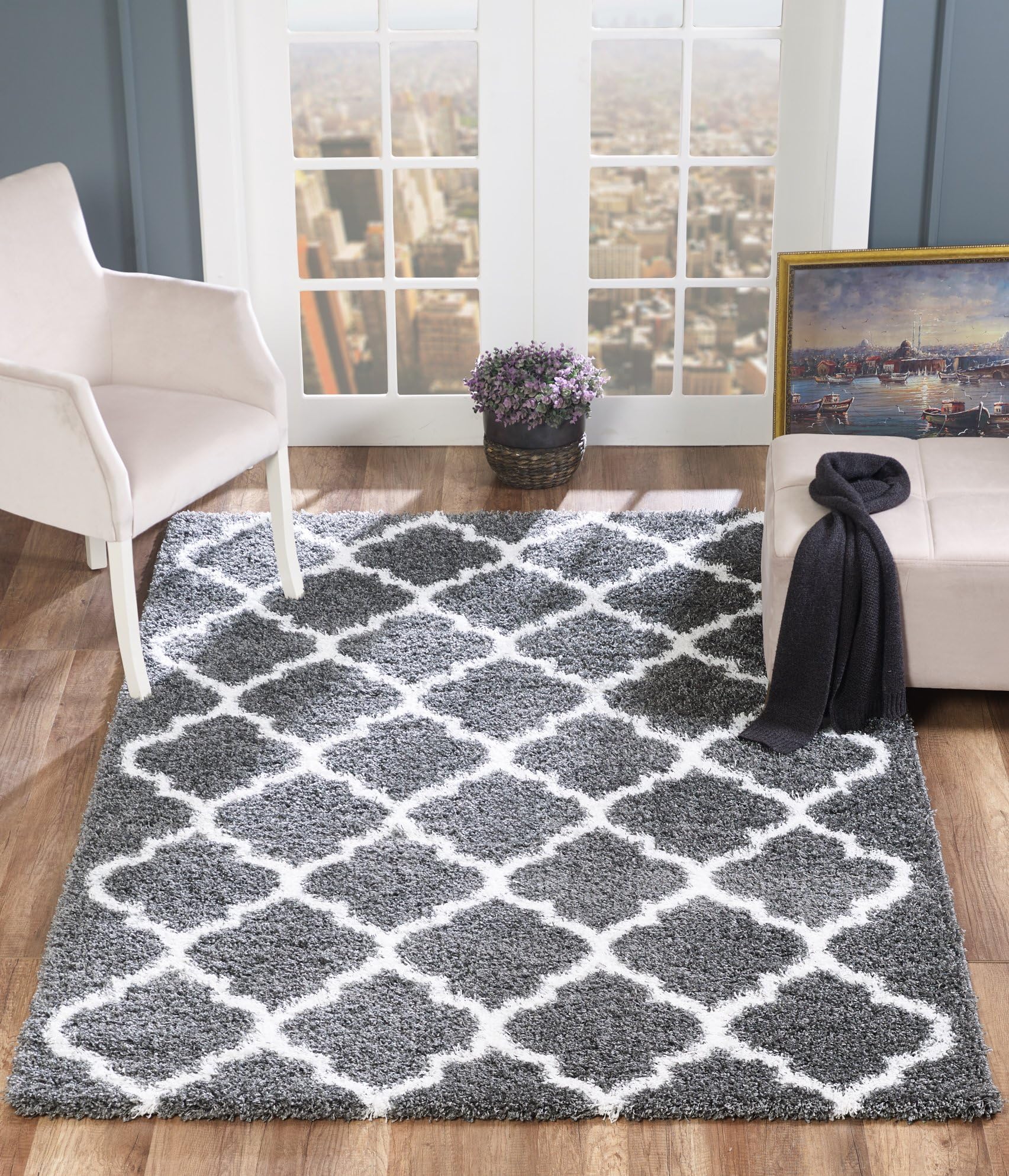 Delphia Rugs Modern Moroccan Trellis Design Thick Shag Pile Floor Rug 4x6 (Dark Grey & White) for Living Room Dining Area and Bedroom