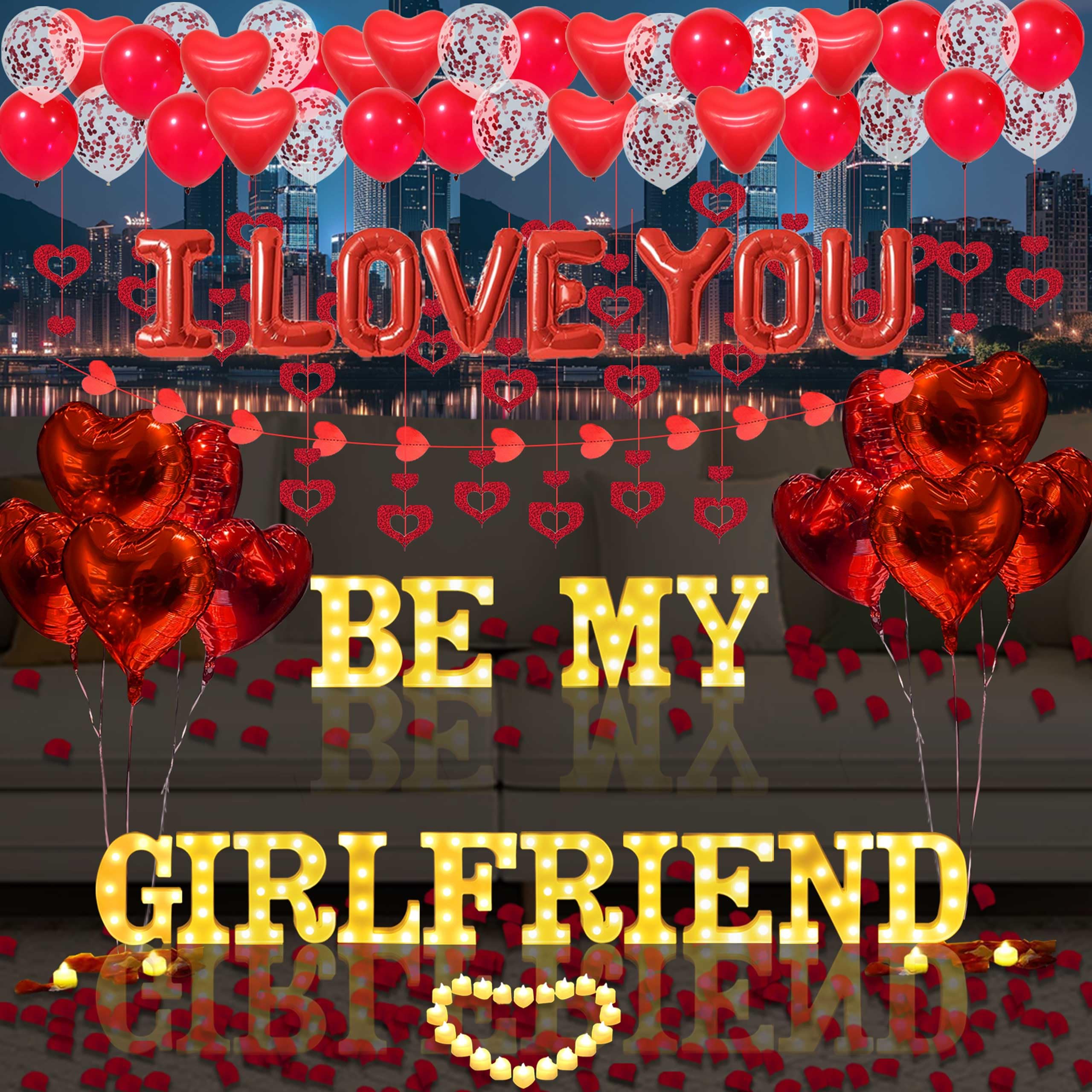 Photo 1 of Be My Girlfriend Light Up Letters Proposal Decorations, 14Pcs 6.3" Letter Signs with 24Pcs Flameless Candles 2000Pcs Red Artificial Rose Petals 45Pcs Latex Balloons 10Pcs Heart Balloon Valentine's Day