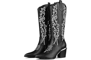 AMINUGAL Women's Western Knee High Cowgirl Boots, Black, Pull-On, Chunky Heel, Embroidered, Metallic Fabric, Leather Sole, 13.77 inches, US Women's Size