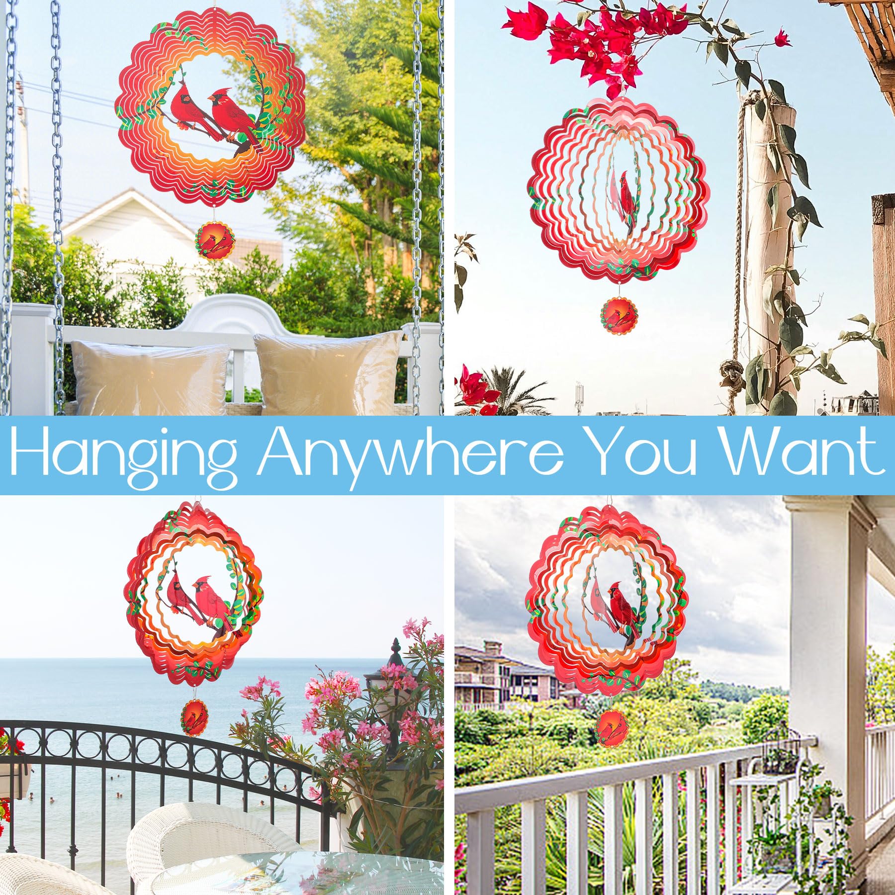 Cardinal Wind Spinners Garden Yard Decor Gift for Women Men, 12 Inch Outdoor Metal 3D Wind Spinner, Stainless Steel Hanging Wind Catchers Kinetic Sculpture for Outside Decoration