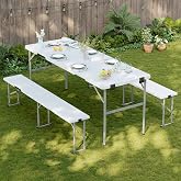 BETISEF Picnic Table Set with 2 Benches,6 Feet Folding Camping Table Chair Set with Wood Grain Tabletop,3-Piece Outdoor Indoo