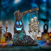 Halloween Skull Statue with Spooky LED Light for Home Indoor Decorations | Halloween Decor with Romantic Skeleton Couple on Swing Dead Tree, Resin Skull Party Centerpieces Holiday Collectible Gift