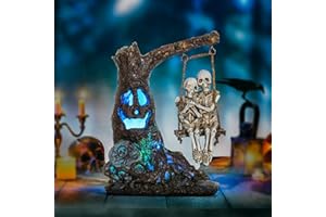 SMADEER Halloween Skull Statue with Spooky LED Light for Holiday Decorations, Halloween Decor with Romantic Skeleton Couple on Swing Tombstone Tree, Grinning Skull Decor Props Haunted Collectible Gift