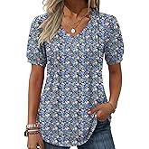 Zeagoo Women's Puff Short Sleeve Boho Shirts Casual V Neck Floral Solid Summer Blouse Pleated Tunic Top