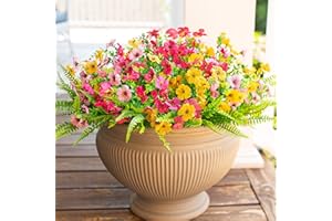 HyeFlora Artificial Silk Outdoor Flowers Plants for Summer Outside Decoration, 14 Bundles Faux Fake Colorful Daisy Ferns UV Resistant Look Real for Front Door Porch Patio Yard Planter