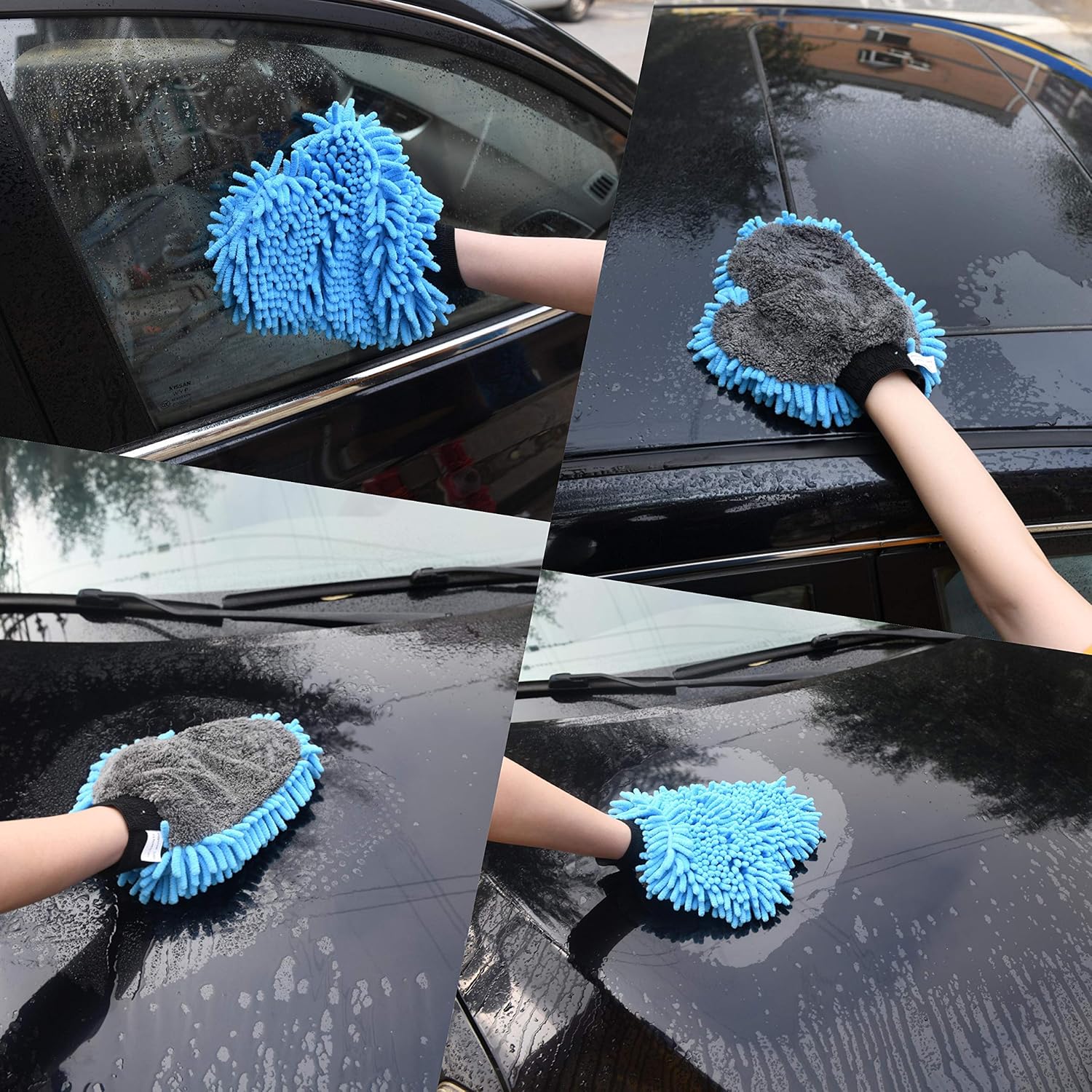 TeKX Premium Large Microfiber Chenille Car Wash Mitt and Car Wash Sponge Set (2 Pack), Washer Friendly, Soft and Scratch Free, Thumb Space Double Sided Mitt, Double Sided Sponge with Grip Band: Automotive