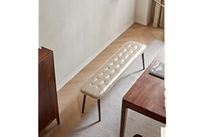 Wayshome 51.2'' Leather Upholstered Dining Bench with 100% Solid Oak Wood Bench Frame, Checkered Stitched Padded Cowhide Bed End Bench Ottoman for Kitchen Living Room Bedroom Entryway, Taupe