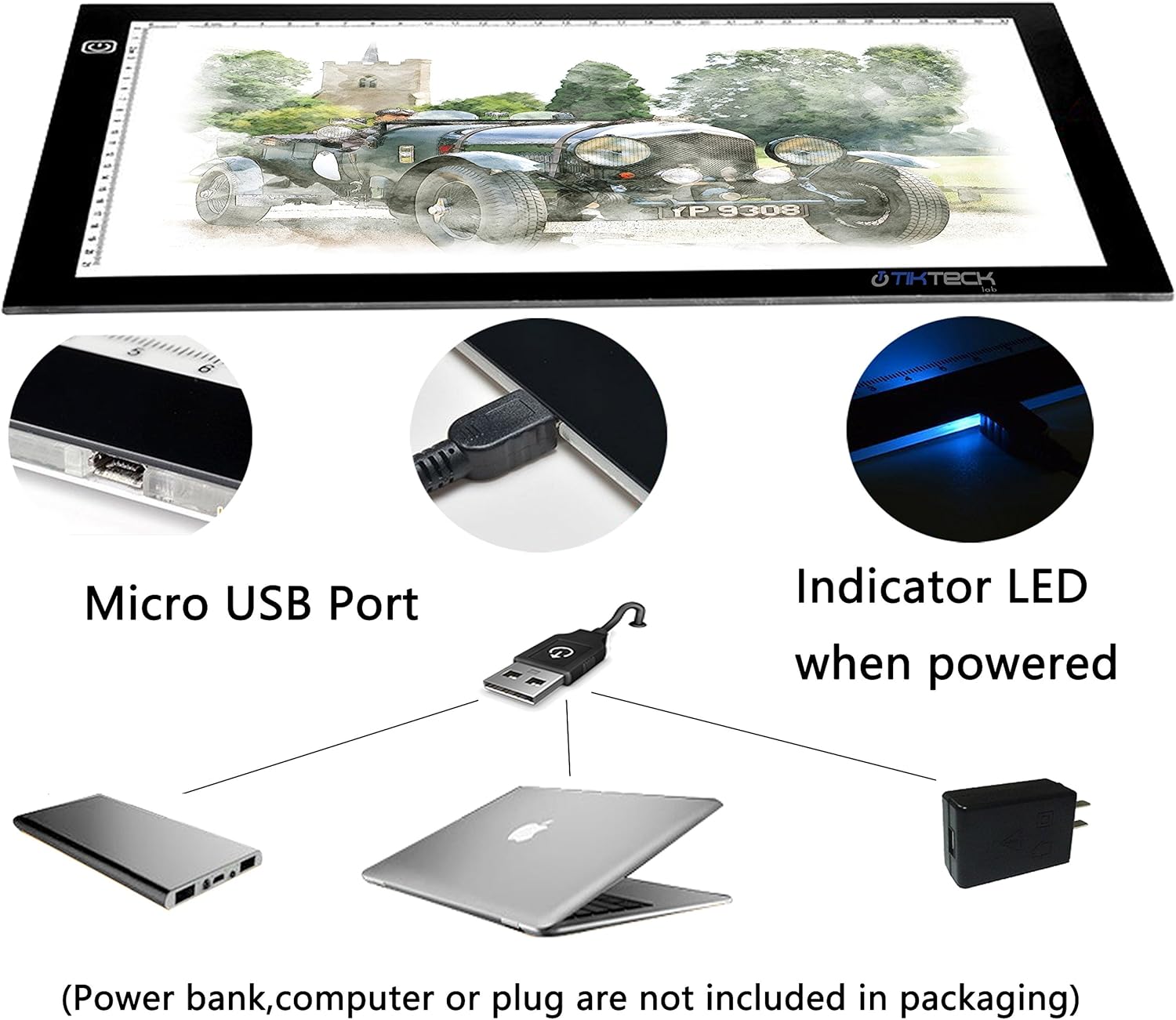 tiktecklab A4 Size Ultra-Thin Portable Tracer White LED Artcraft Tracing Pad Light Box w dimmable Brightness for 5D DIY Diamond Painting Artists Drawing Sketching Animation, Black