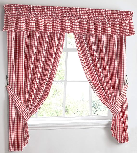 Kitchen Curtains Gingham Check Pink/Red 46"x42" 100 Cotton with Free