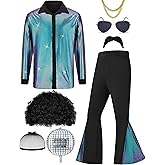 Lydoesy 70s Disco Outfit for Men 70s Costume with Retro Shirt Bell Bottom Pants Wig Sunglasses Necklace Mustache