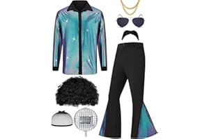 Lydoesy 70s Disco Outfit for Men 70s Costume with Retro Shirt Bell Bottom Pants Wig Sunglasses Necklace Mustache