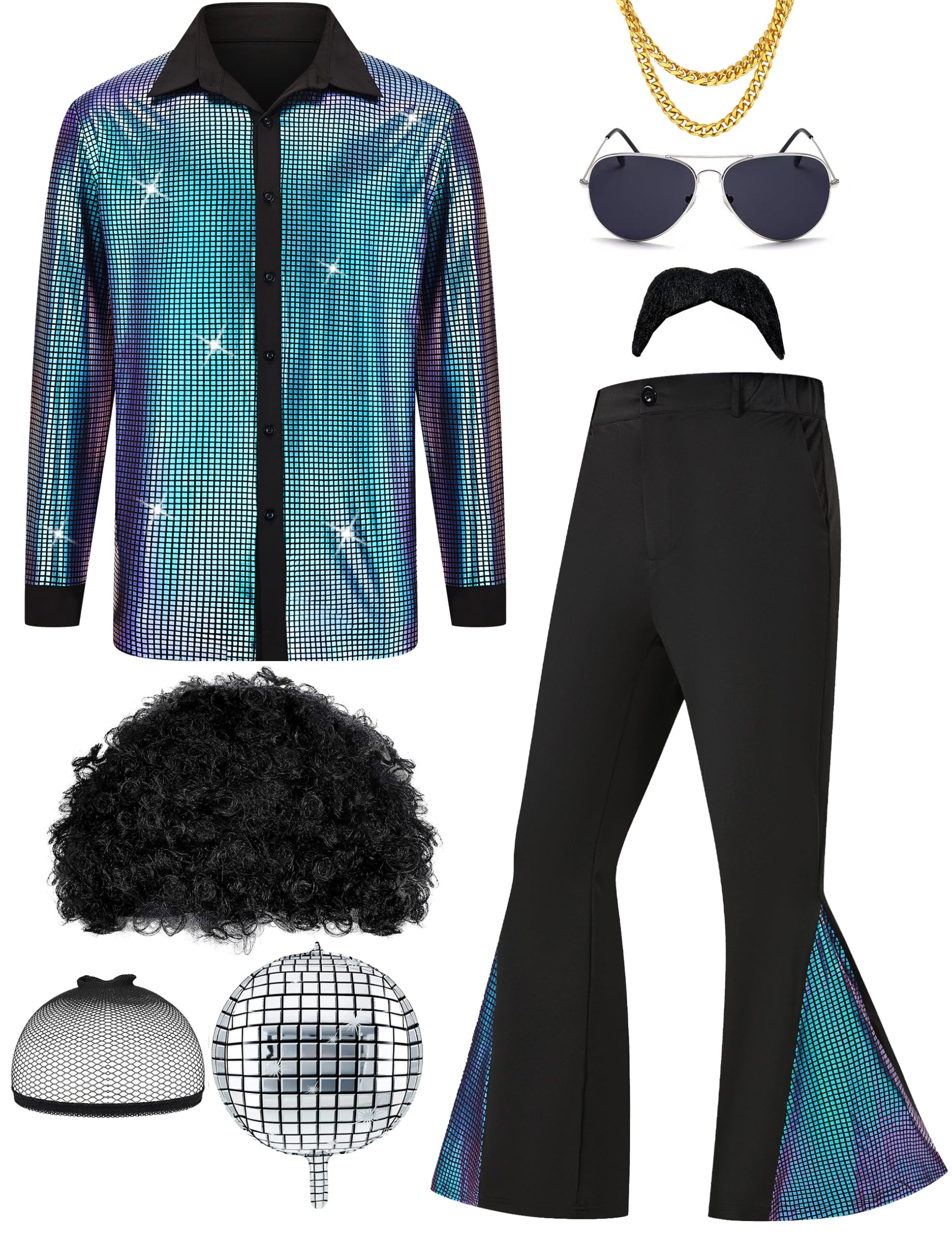 Photo 1 of Lydoesy 70s Disco Outfit for Men 70s Costume with Retro Shirt Bell Bottom Pants Wig Sunglasses Necklace Mustache (Blue, Large) blueish purple