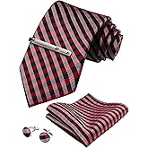 TIE G Stripe Plaid Mens Ties Set in Black Gift Box: Necktie and Pocket Square, Cufflinks, Tie Clip Formal Business Wedding