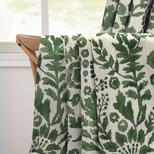DRIFTAWAY JULIA 100% BLACKOUT LINEN CURTAINS FOR BEDROOM GREEN FLORAL WATERCOLOR PATTERN DOUBLE LAYER THERMAL INSULATED SOUND REDUCING DRAPE FOR LIVING ROOM GROMMET 2 PANELS EACH W52 X L96 LINEN GREEN