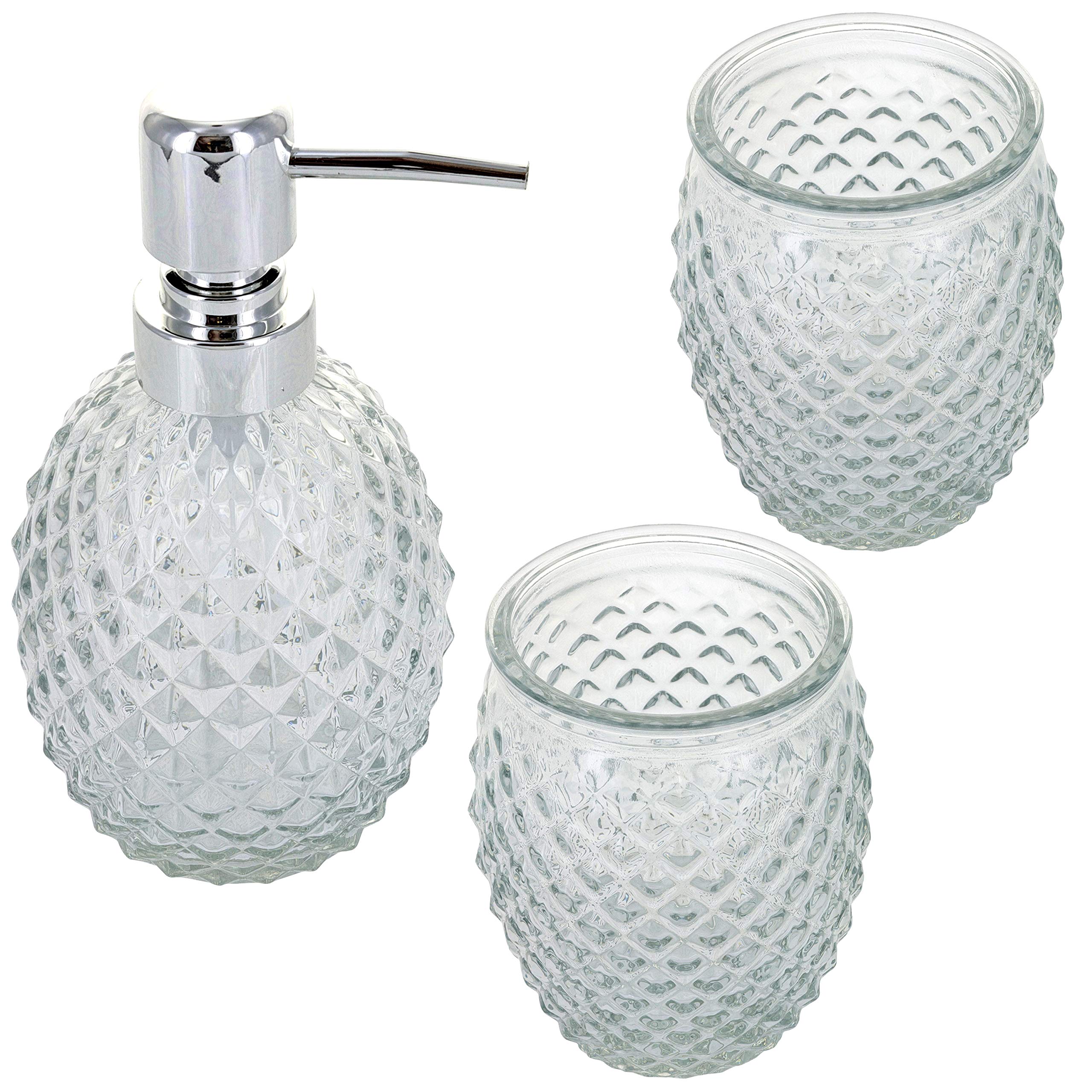 G Decor Designer 3-Piece Modern Diamond Cut Clear Glass and Chrome Bathroom Accessory Set, Includes Liquid Soap or Lotion Dispenser, Toothbrush Holder, Tumbler