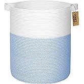 COMFY-HOMI XXL Large Laundry Basket with Handles Blanket Baskets Living Room|Woven Cotton Rope Decorative Basket Laundry Hamper Baby Basket Nursery Dog Toy Storage Organizer Bin-16”x18”-White/Blue