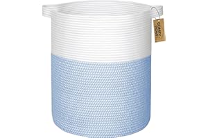 COMFY-HOMI XXL Large Laundry Basket with Handles Blanket Baskets Living Room|Woven Cotton Rope Decorative Basket Laundry Hamper Baby Basket Nursery Dog Toy Storage Organizer Bin-16”x18”-White/Blue