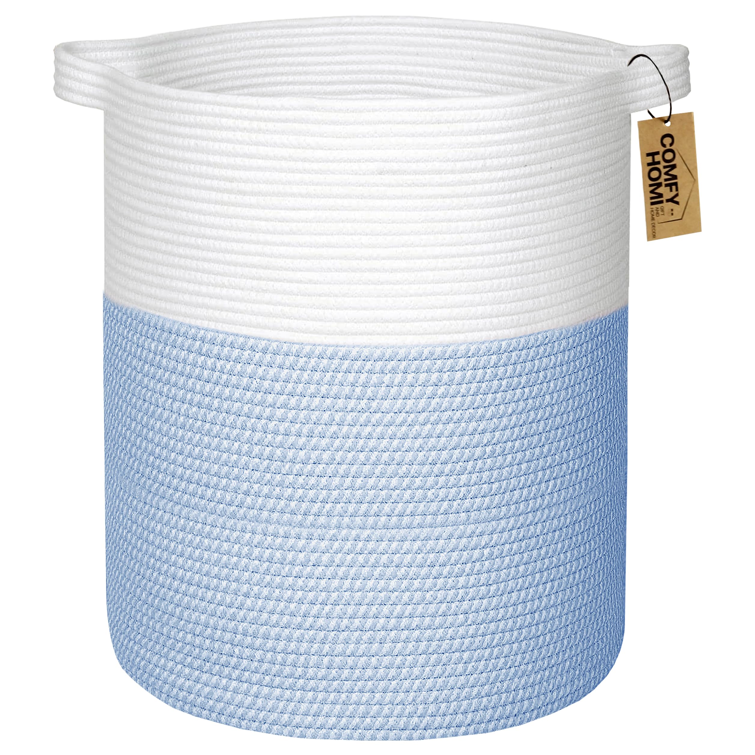 Photo 1 of COMFY-HOMI XXL Large Laundry Basket with Handles Blanket Baskets Living Room|Woven Cotton Rope Decorative Basket Laundry Hamper Baby Basket Nursery Dog Toy Storage Organizer Bin-16”x18”-White/Blue