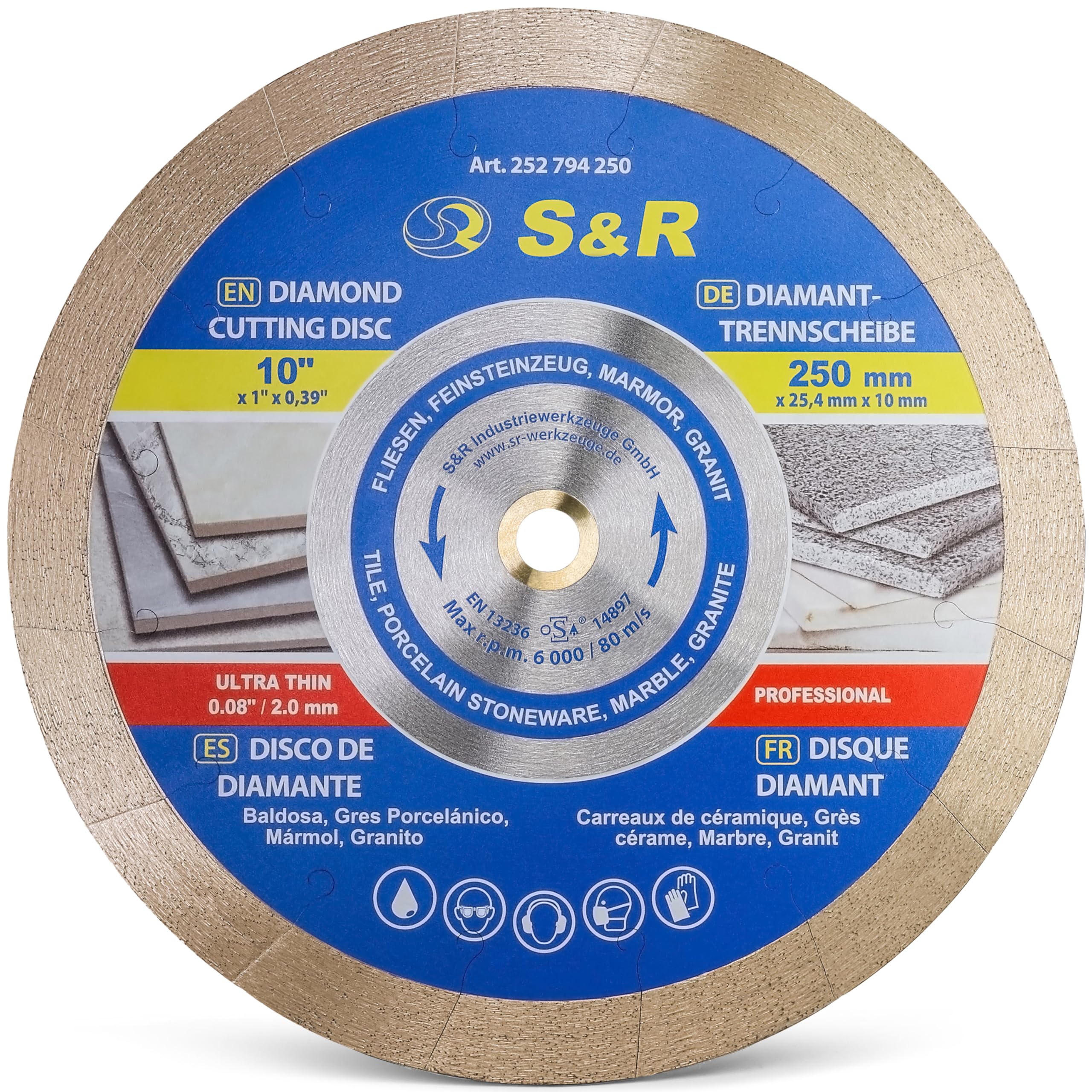 S&R Diamond Saw Blade 250 * 25,4 * 7 mm (1,6 mm), cutting disc for porcelain, fine stoneware, hard tiles, granite — image 1
