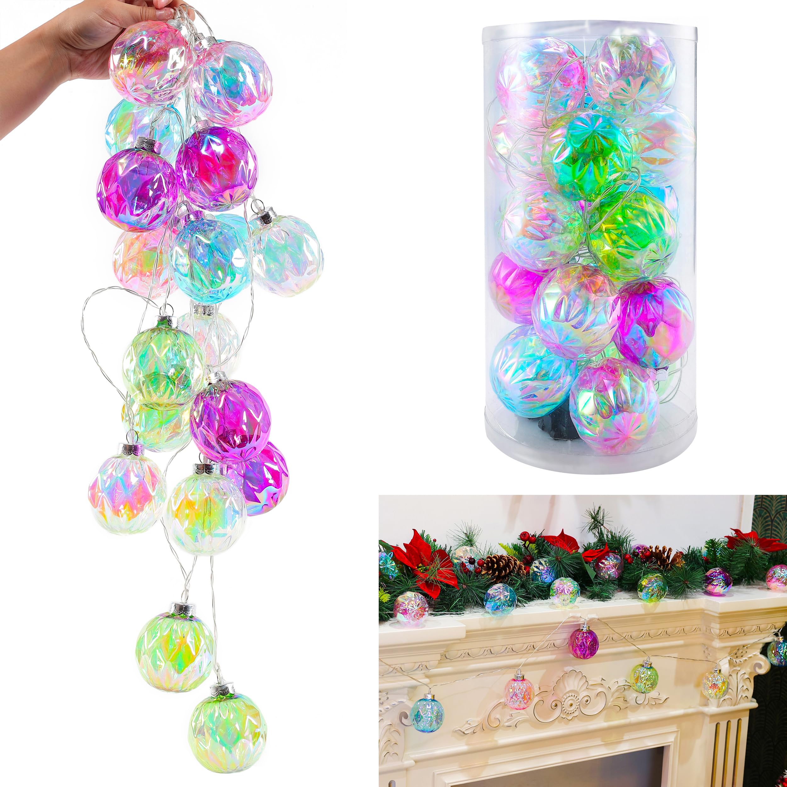 Photo 1 of Amooca Christmas Balls Ornaments Hanging Garland Decorations with LED Lights 20pc 12.2ft for Window Wall Stair Railing Xmas Tree Holiday Party Home Decor Colorful Rainbow Rhombus Round Balls