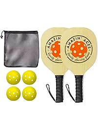 Amazin' Aces Pickleball Paddles | Set Includes 2 Wood Pickleball Paddles + 4 Pickleballs + 1 Mesh Carry Bag | Great Rackets For Beginners | Pickleball Paddle Set Includes eBook w/Rules & Tips