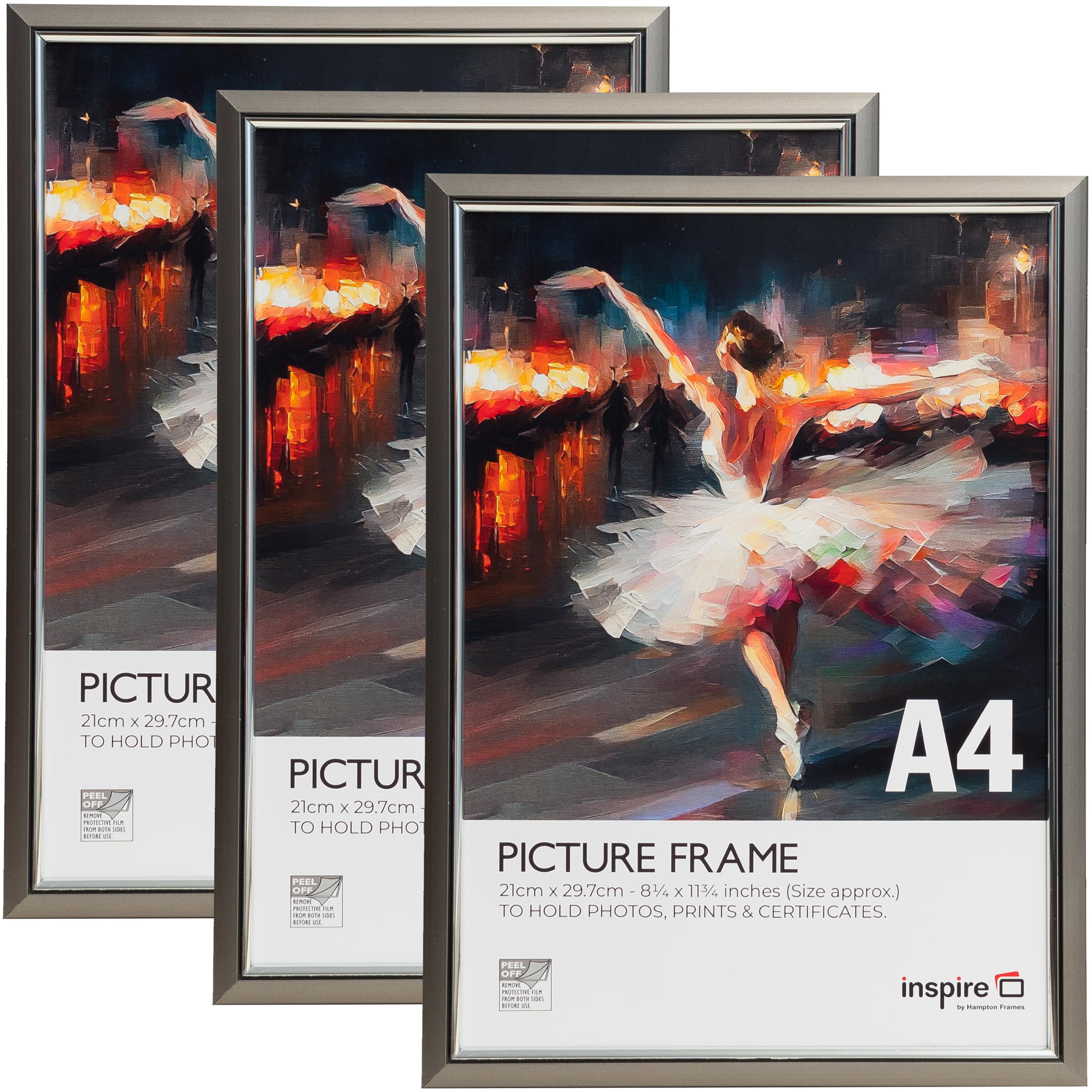 inspire by Hampton Frames | Picture Poster Frame 3-Pack | A4 (21x30cm), Smoke Grey, Plastic, Foil Wrapped | Acrylic Non-Glass Front, Wall Mount or Freestanding | For Photo, Certificate Display