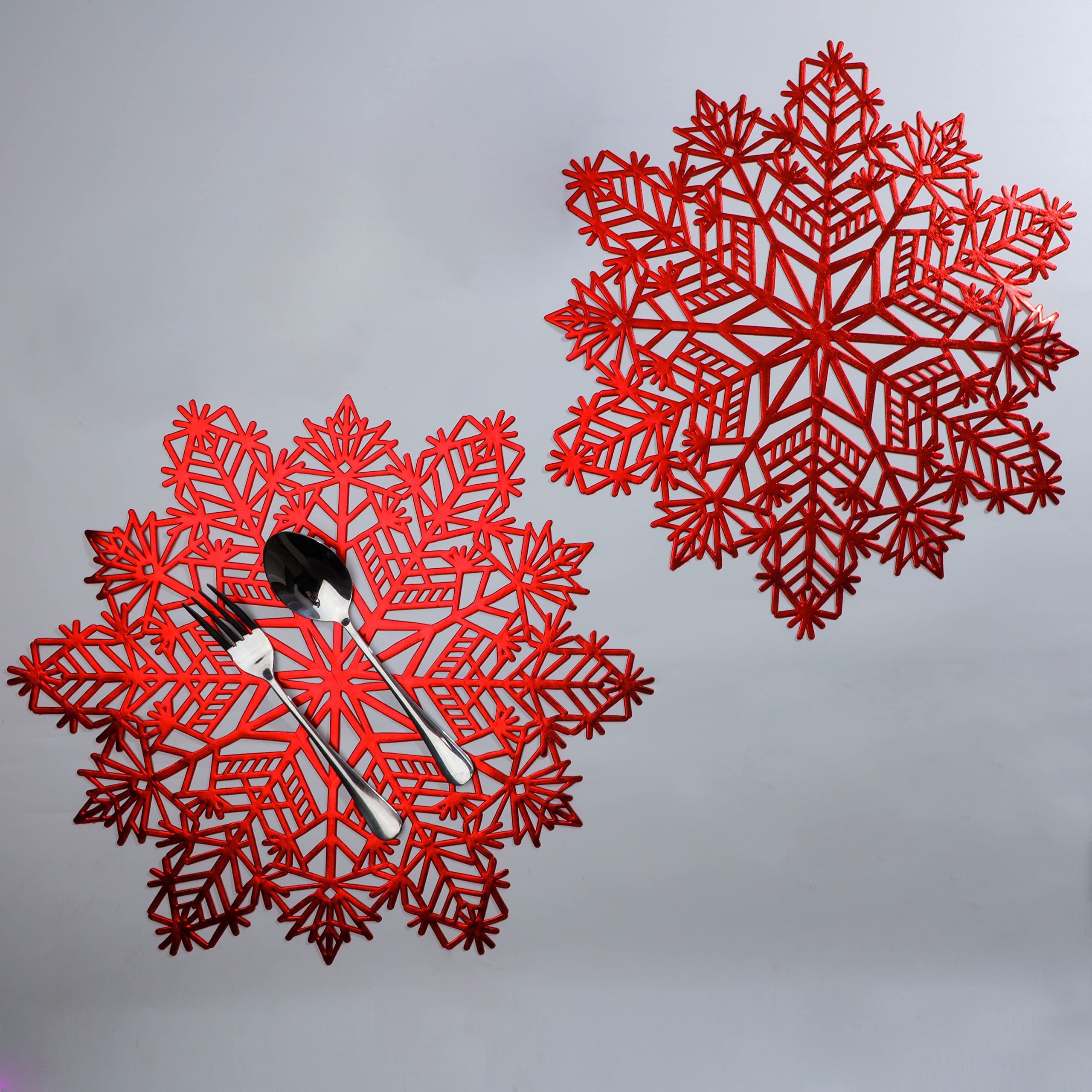 Red Snowflake Placemats Sets of 12 Laminated Metallic Vinyl Round 15 inch Diameter Festival Table Decorations for Holiday Party Feast by Snowkingdom