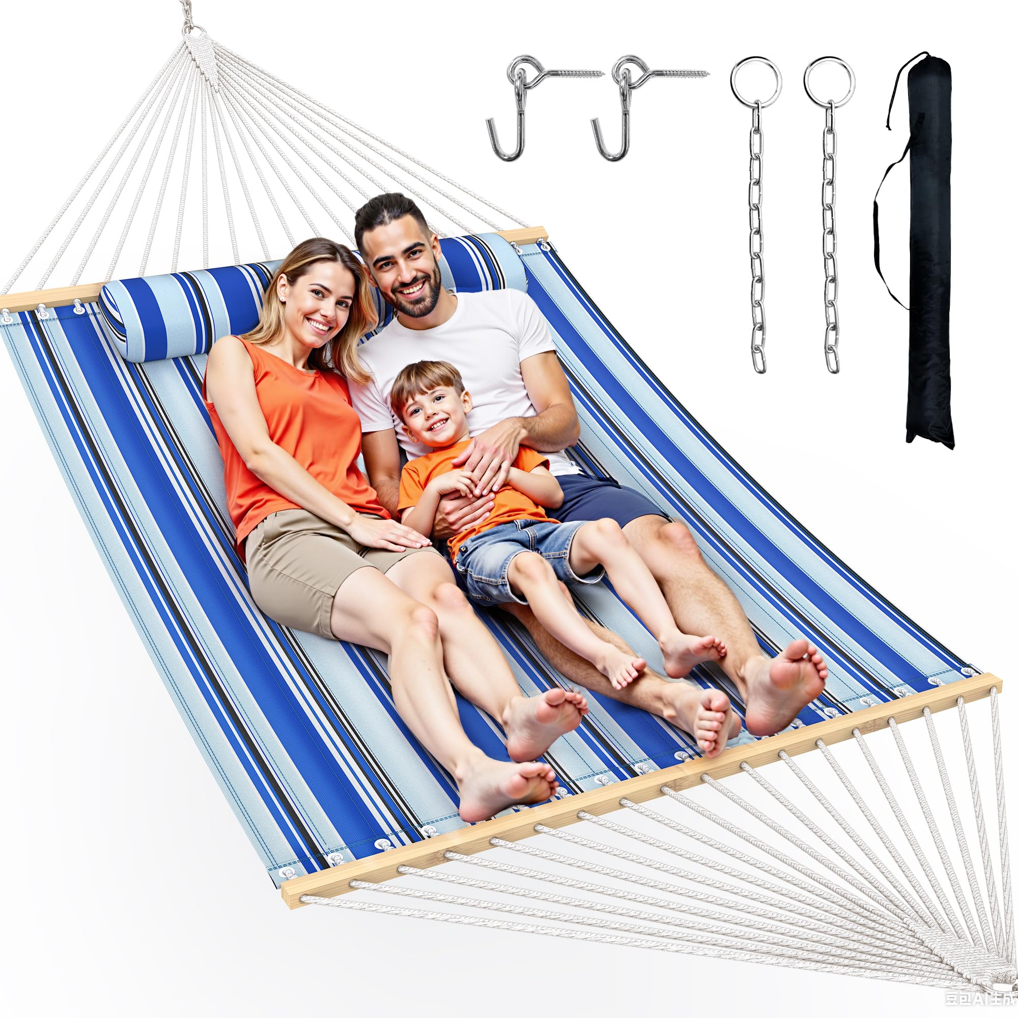 Photo 1 of Double Hammock with Spreader Bar,Soft Pillow,Max Load 500lbs,Portable Hammock for Outdoor,Camping,and Backyard,Aqua Blue