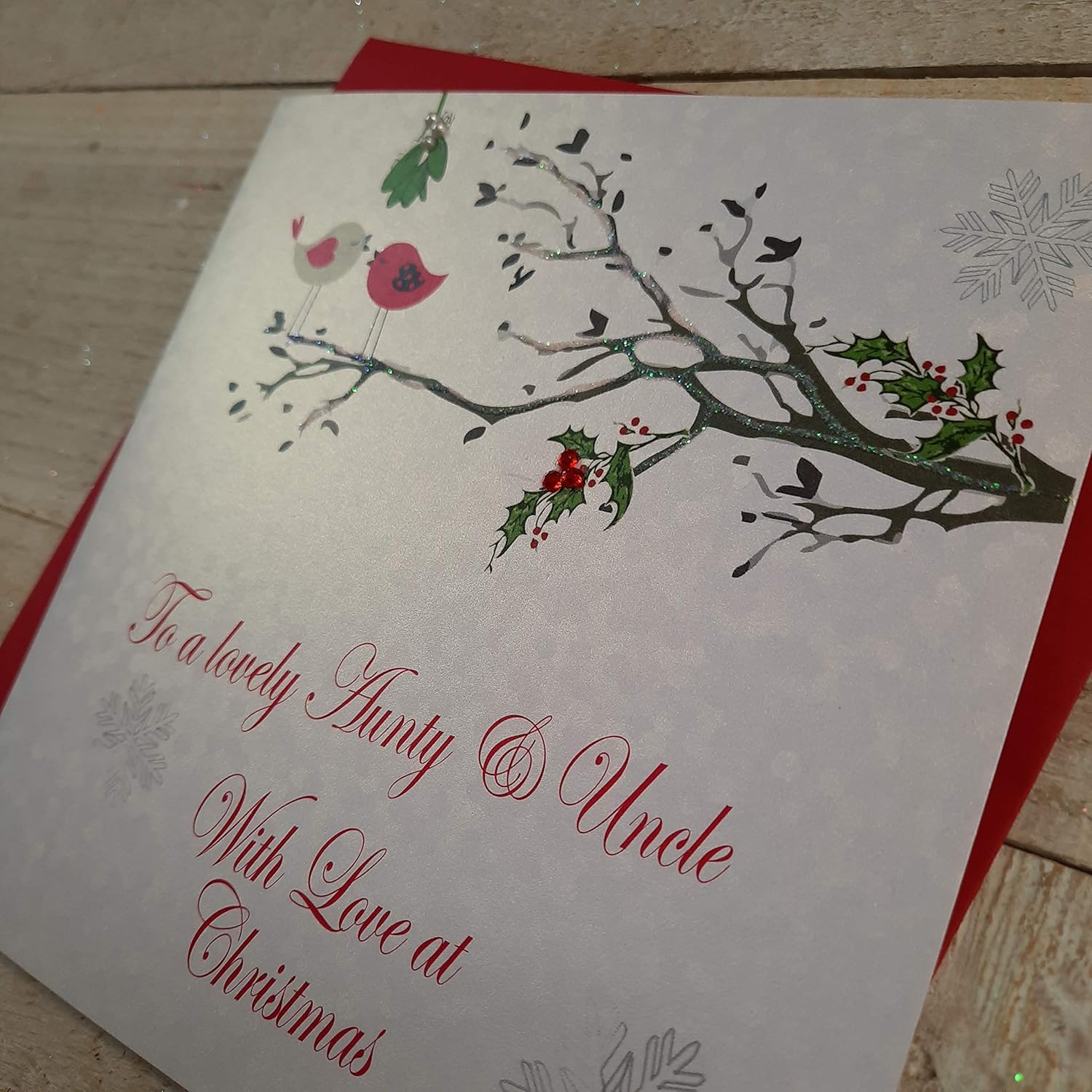 White Cotton Cards Aunty & Uncle With Love, Handmade Christmas Card. (Robins, code xx14-107), 16CM X 16CM - Image 3