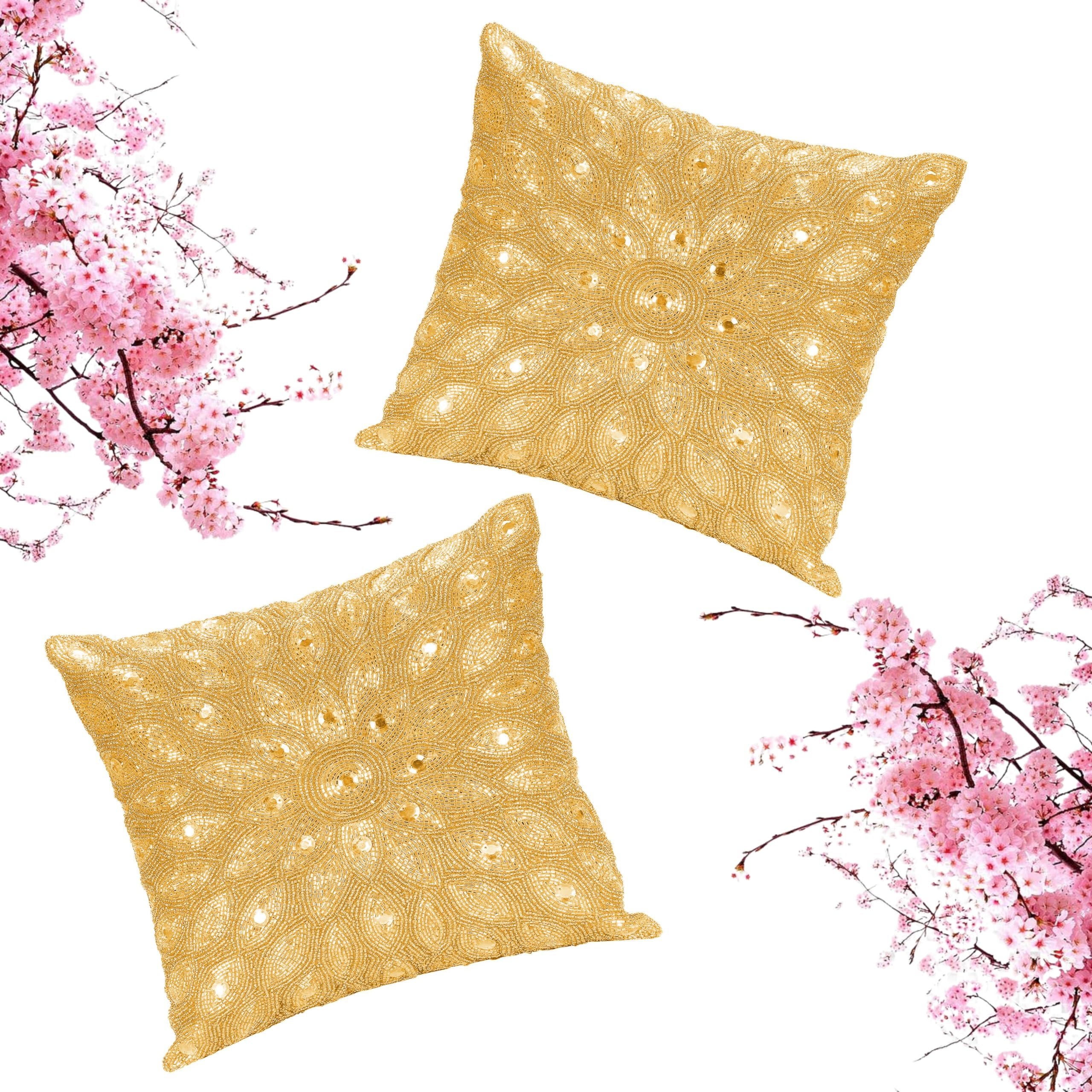 Christmas Pillow Covers, Hand Beaded Decorative Pillow Cover by Skilled Artisans, A Beautiful and Elegant Accessory to Dress Your Couch, Sofa, Bed - Only Cover -12x12 Inch (30x30 Cms)- Gold - 2 Pack