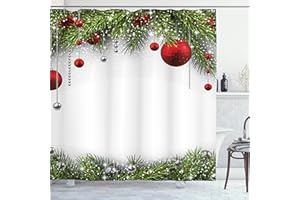 Ambesonne Christmas Shower Curtain, Holiday Season Backdrop with Pine Leaves Ball Classic Design Print, Cloth Fabric Bathroom Decor Set with Hooks, 69" W x 70" L, Green Silver White