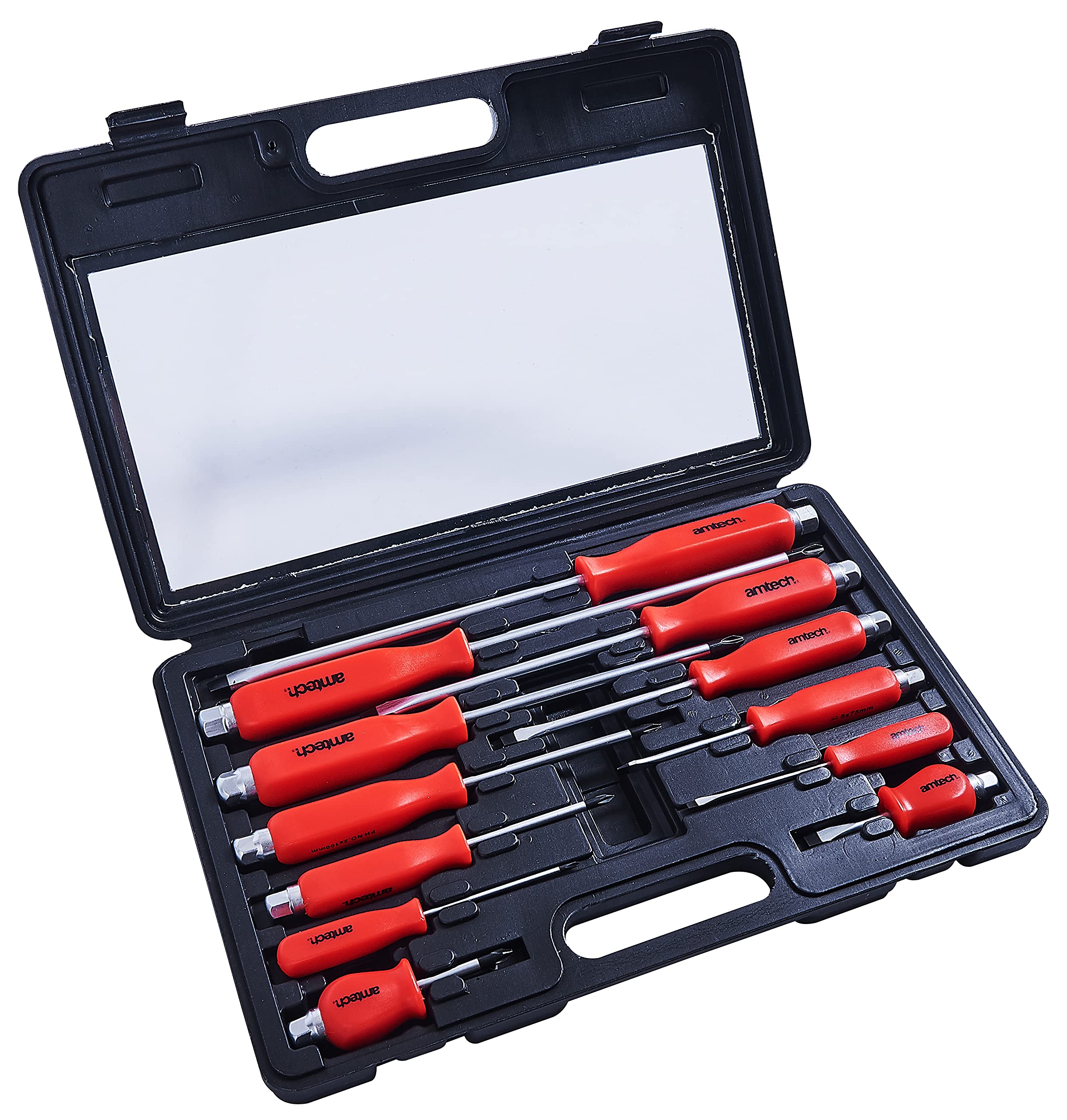 Amtech W5600 Mechanics Screwdriver Set Magnetic Tips, Steel Blade Flat Head Slotted and Phillips, Hex Bolsters use with Wrench or Socket