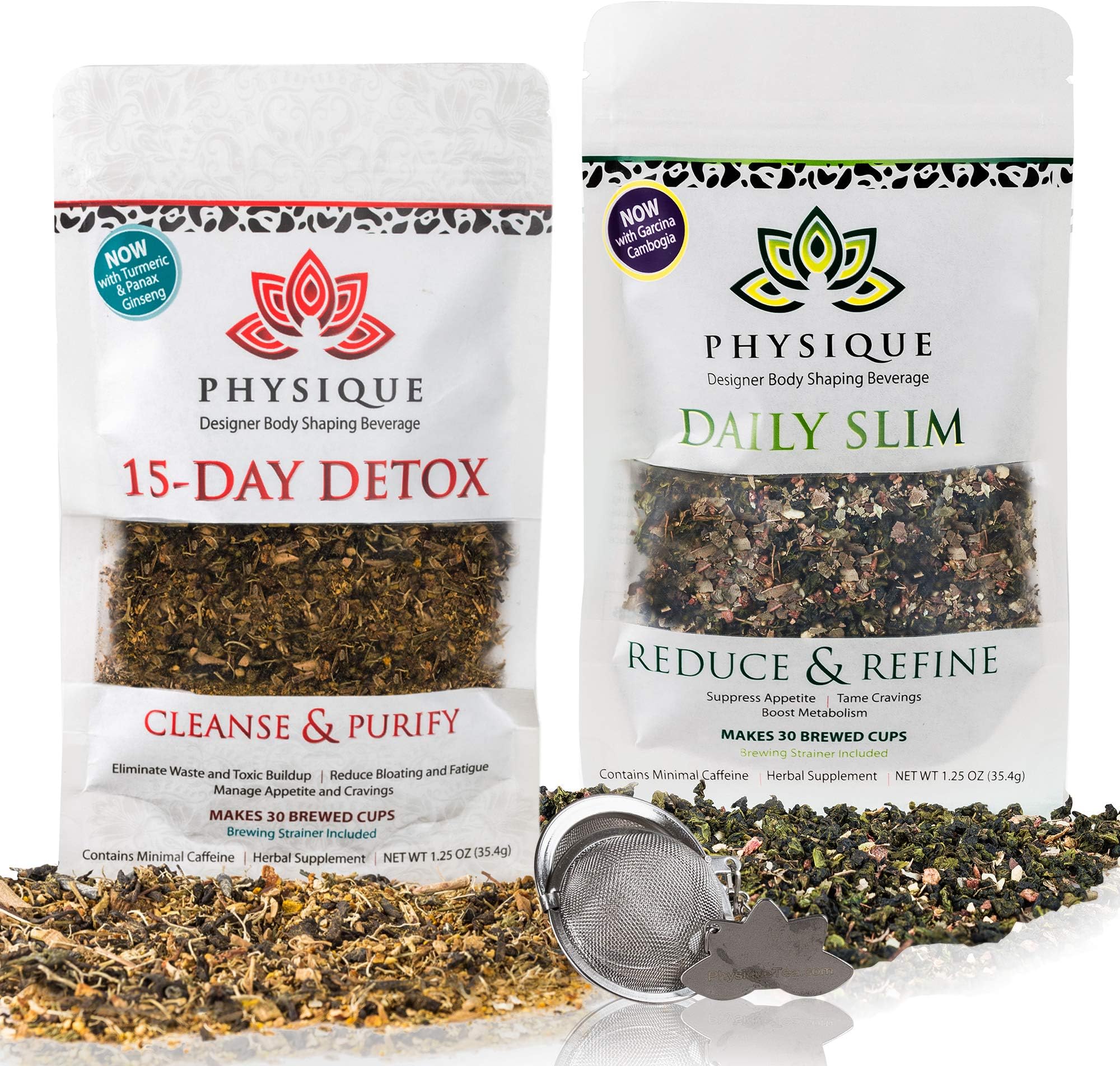 Physique Tea 30 Day Supply of Your Custom Blended Teatox and Daily Slim | Weight Loss Body Cleanse and Slimming Tea | Bonus Detox Diet and Strainer Included