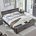 T4TREAM Farmhouse King Bed with Headboard and Storage Bench, Rustic Wood Platform Bed with 80" Storage Chest w/ 4 Large Storage Drawer (Dark Rustic Oak)