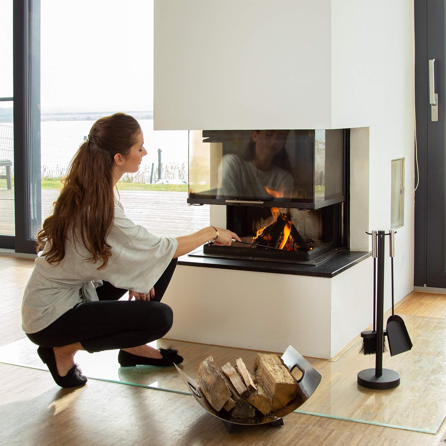 Relaxdays 5-Piece Fireplace Companion Tools, Set including Rack, Shovel, Broom, Poker and Tongs. Black, 20 x 20 x 68 cm - Image 3
